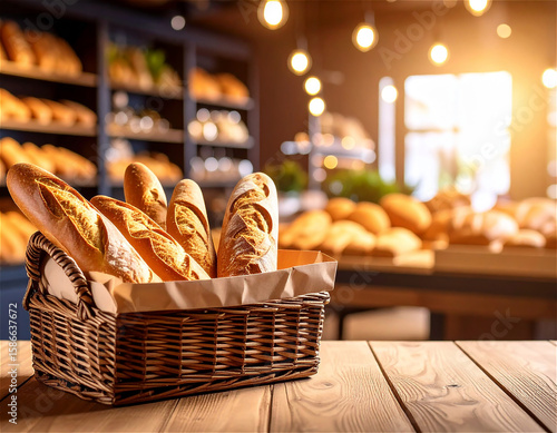 Fresh baguettes on rustic table in gourmet store