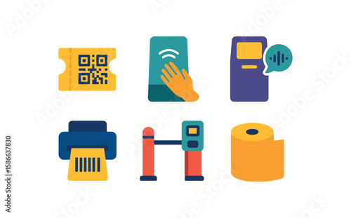 Digital ticket, contactless payment, information kiosk icons - technology and transactions