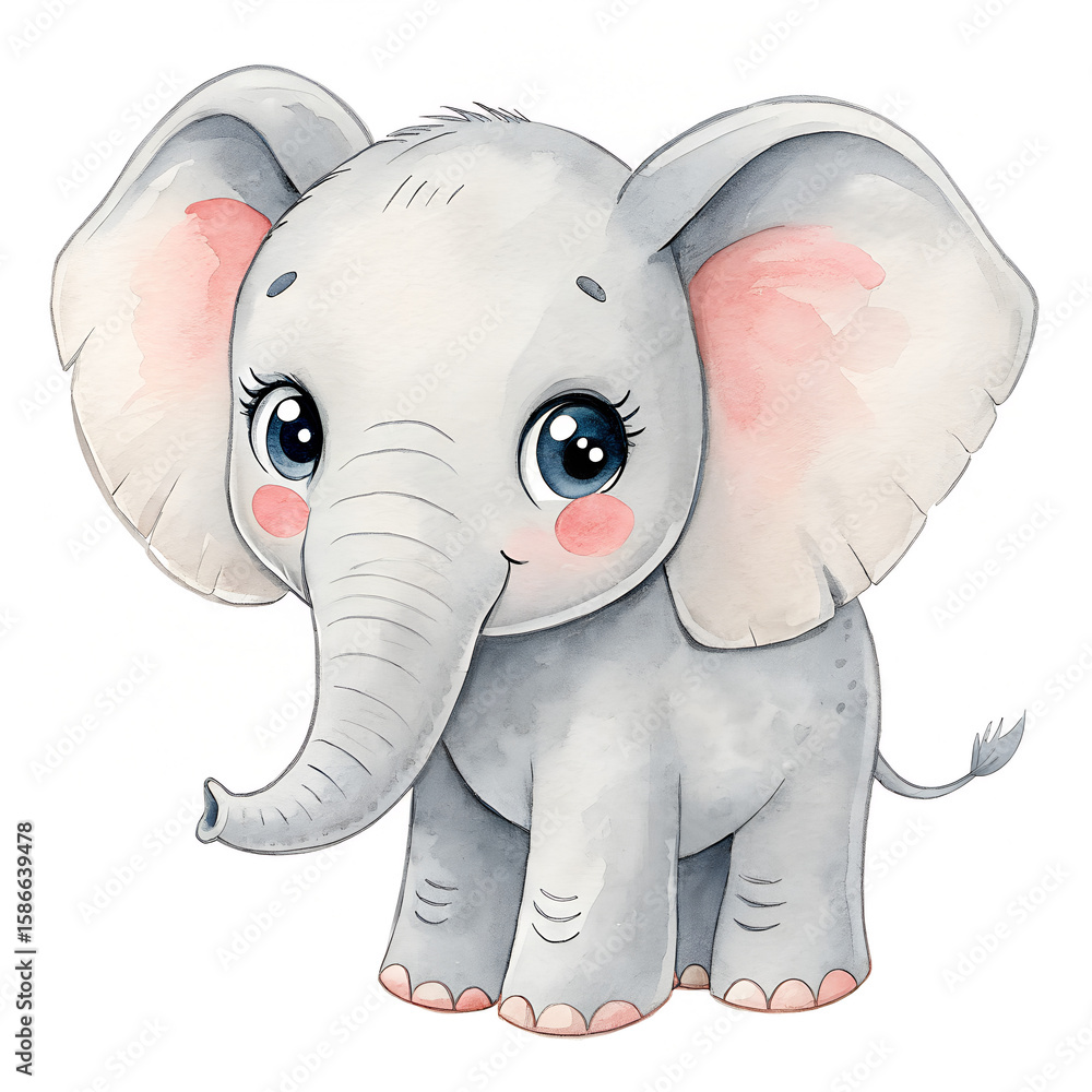 Fototapeta premium Watercolor baby elephant with soft gray washes and subtle pink cheeks, isolated on white background. 