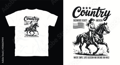 "Country" vintage Western Cow Girl T-shirt Design