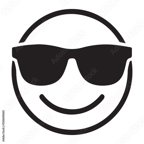 A simple black and white graphic of a smiling face wearing cool sunglasses representing happiness and a positive attitude