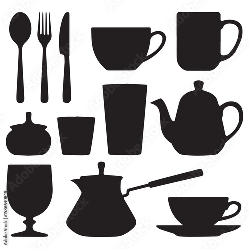 Collection of black silhouette icons representing various kitchen and dining utensils including cutlery cups mugs a teapot and a cezve