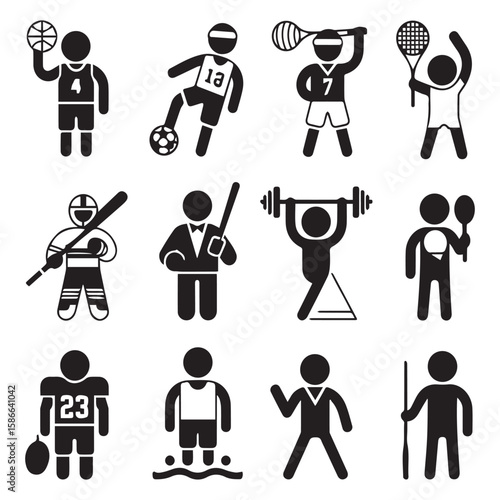 Collection of diverse stick figure athletes engaged in various sports and fitness activities on a clean white background