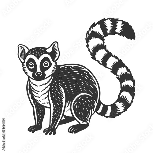 Vintage engraved illustration of a detailed ring-tailed lemur, a black and white animal drawing for nature and wildlife