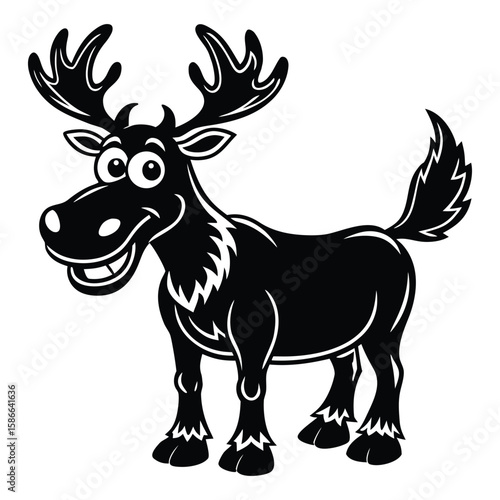 Cartoon Moose Mascot Illustration – Funny Black and White Vector Animal Character with Big Eyes and Smile, Perfect for Kids, Logos, and Educational Designs