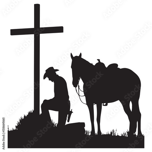Silhouette of a cowboy kneeling in prayer beside his horse at a cross on a grassy hill
