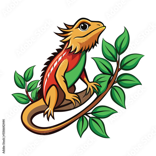 Cute cartoon lizard or iguana character perched on a tree branch, a colorful reptile vector illustration for nature designs
