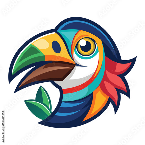 A colorful vector illustration of an exotic tropical bird, like a toucan or hornbill, in a jungle, showcasing its vibrant feathers and distinctive beak