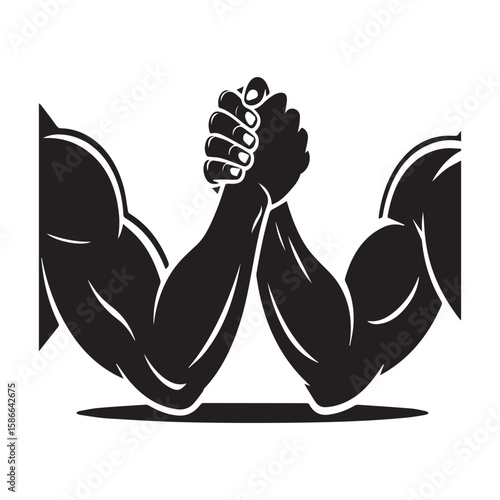Two muscular arms locked in a black and white graphic illustration of an arm wrestling competition showing strength and rivalry