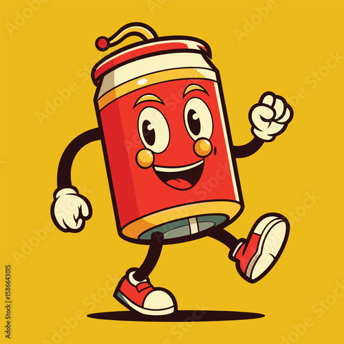  Cute cartoon soda can mascot character with a happy face, walking or running, for food and beverage vector design