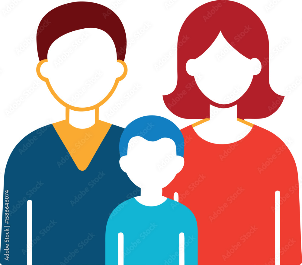 Fototapeta premium Stylized Family Portrait Featuring Parents and Child in Flat Color Design