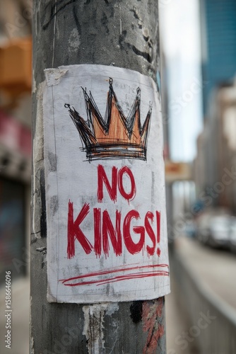 Urban street art protest, crown, no kings, city background, possible activist message