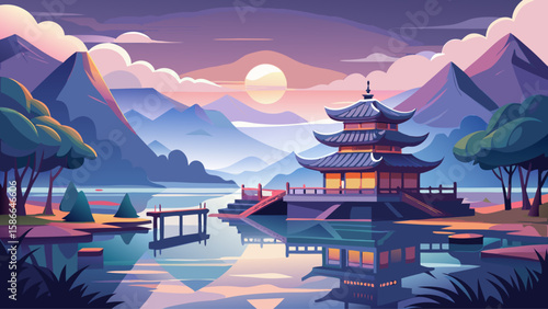 Sun Moon Lake, Nantou, Taiwan – Calm reflective waters mirror surrounding hills. Light fog floats gently over wooden docks and temples, offering a quiet, elegant vector landscape of Taiwan’s soul.