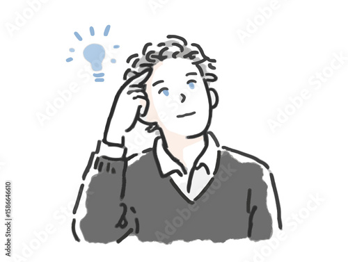 Thoughtful young man with curly hair contemplating an idea illustrated in a minimalistic style against a clean white background, creative concept of brainstorming or consulting