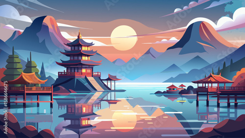 Sun Moon Lake, Nantou, Taiwan – Calm reflective waters mirror surrounding hills. Light fog floats gently over wooden docks and temples, offering a quiet, elegant vector landscape of Taiwan’s soul.