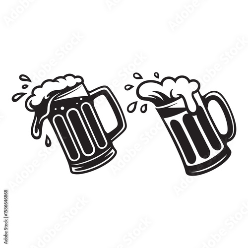 Frothy beer mugs with splashing liquid drink beverage