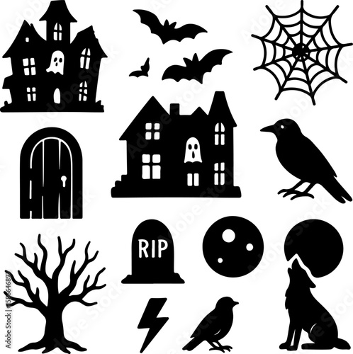 Collection of spooky halloween silhouette icons including haunted houses bats a spider web a spooky tree a tombstone a moon a lightning bolt crows and a howling wolf