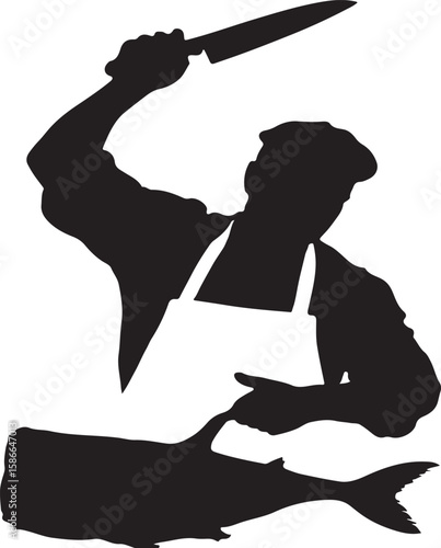 Silhouette of a chef preparing fish with a knife for a culinary dish in the kitchen