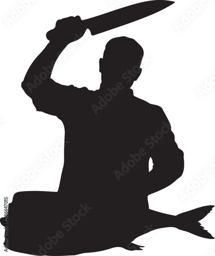Silhouette of a chef preparing seafood with a large knife on a white background