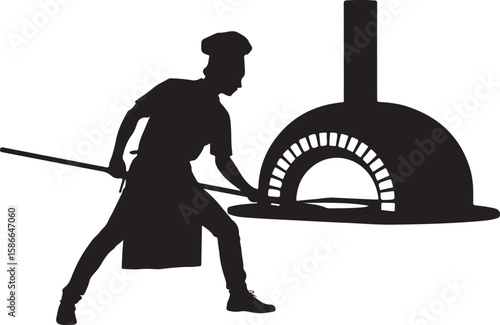 Silhouette of a pizza chef inserting food into a brick oven with a pizza peel