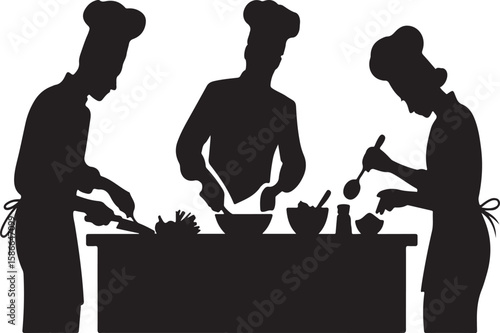 Silhouetted chefs preparing food in a restaurant kitchen restaurant culinary vector illustration