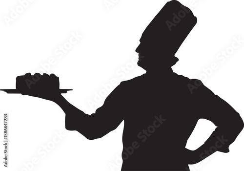 Silhouette of a chef presenting a cake on a tray in a professional kitchen setting