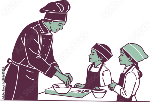 Chef teaching cooking skills to two young students in a culinary education class