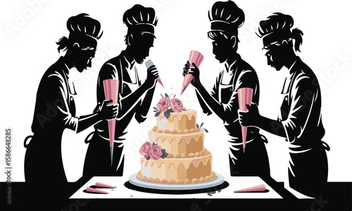 Silhouette of bakers decorating a tiered cake with piping bags and floral embellishments