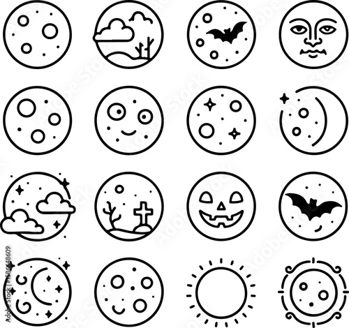 Collection of circular icons featuring various celestial bodies and halloween themes including moons with craters stars clouds bats a jack o lantern and a graveyard scene