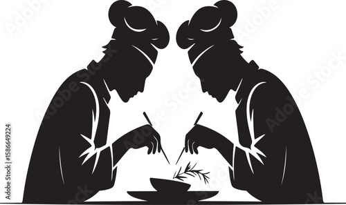 Two silhouette chefs preparing food with delicate precision and culinary expertise