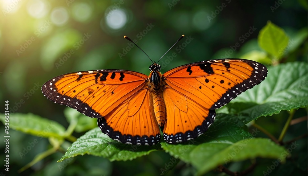 Vibrant orange butterfly perched on lush green leaves Vibrant orange butterfly perched on lush green leaves