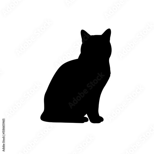 Black silhouette of sitting cat, vector illustration. Pets, grooming and vet clinics. Misterious symbol of halloween and magic