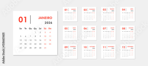 Black and red portuguese calendar for 2026. Large month of January on left, thumbnails of all months on right, Monday week start