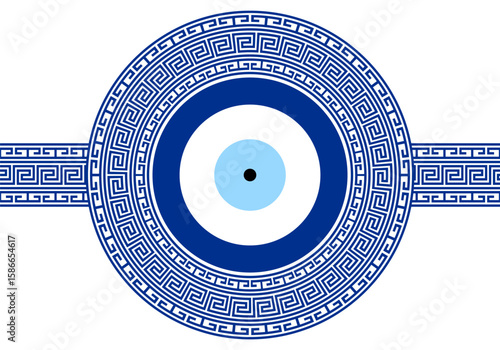 Greek meander Turkish evil eye. Mandala greek evil eye. Symbol of protection in Turkey, Greese, Cyprus. Blue Turkish Fatima's Eye. Amulet from evil eye. Nazar. Magic item, attribute