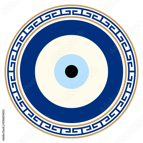 Greek meander Turkish evil eye. Mandala greek evil eye. Symbol of protection in Turkey, Greese, Cyprus. Blue Turkish Fatima's Eye. Amulet from evil eye. Nazar. Magic item, attribute