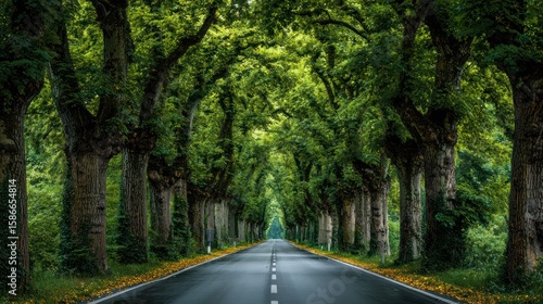 Road stretching into verdant tunnel, framed by majestic trees with lush green canopy