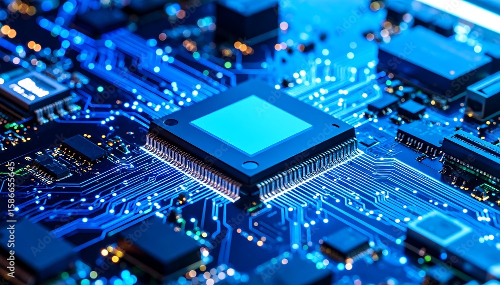 Obraz premium Close-up of a complex circuit board with central processor