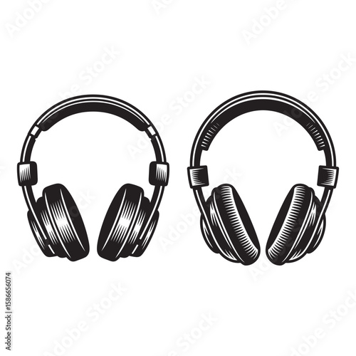 Black and white illustration of two pairs of headphones audio sound