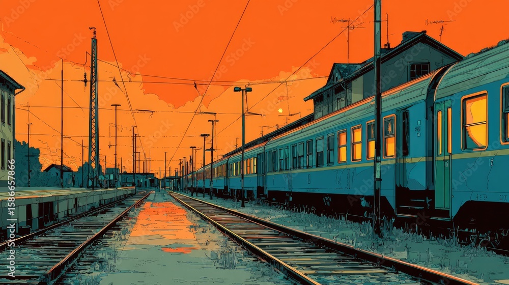 Fototapeta premium Sunset train station platform, parked train, calm evening. Possible use Stock photo