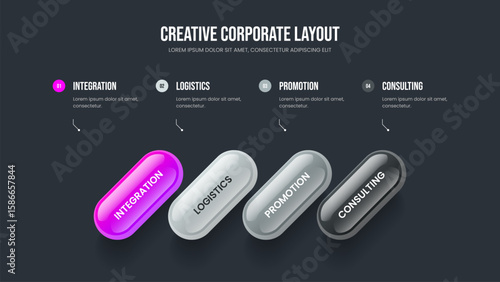 Investor Proposal 4 Option Infographic Slideshow Template. Product Analysis Four Element Diagram Slide Design. Project Briefing Presentation Layout Vector Illustration.
