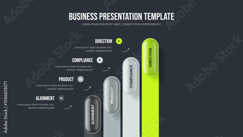 Investor Campaign Four Element Diagram Presentation Design. Advertising Proposal Slideshow Template Vector Illustration. Service Innovation 4 Option Infographic Slide Layout.
