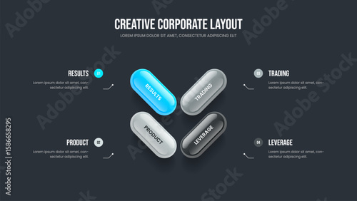 Business Planning Four Element Diagram Slide Layout. Product Briefing 4 Step Infographic Slideshow Design. Professional Solution Presentation Template Vector Illustration.