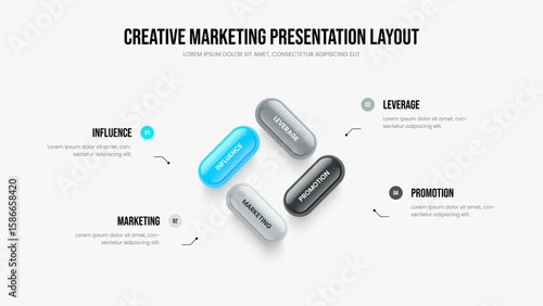 Project Growth 4 Step Diagram Slide Template. Modern Showcase Slideshow Layout Vector Illustration. Consulting Performance Four Element Infographic Frame Design.