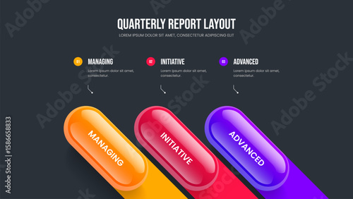 Financial Briefing 3 Option Diagram Slideshow Template. Product Campaign Three Element Infographic Slide Layout. Company Insight Presentation Design Vector Illustration.