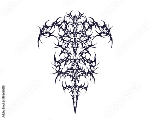 neo tribal cyber sigilism vector featuring sharp symmetrical forms and mystical chaos, perfect for tattoos, t-shirts, posters, or dark themed art
