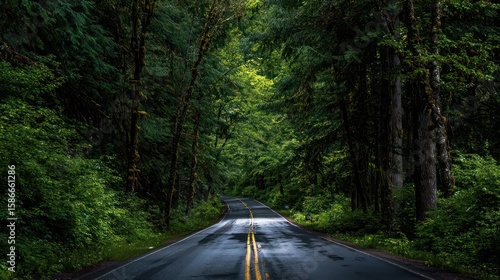 A forest road curves into the distance, surrounded by tall trees and lush greenery