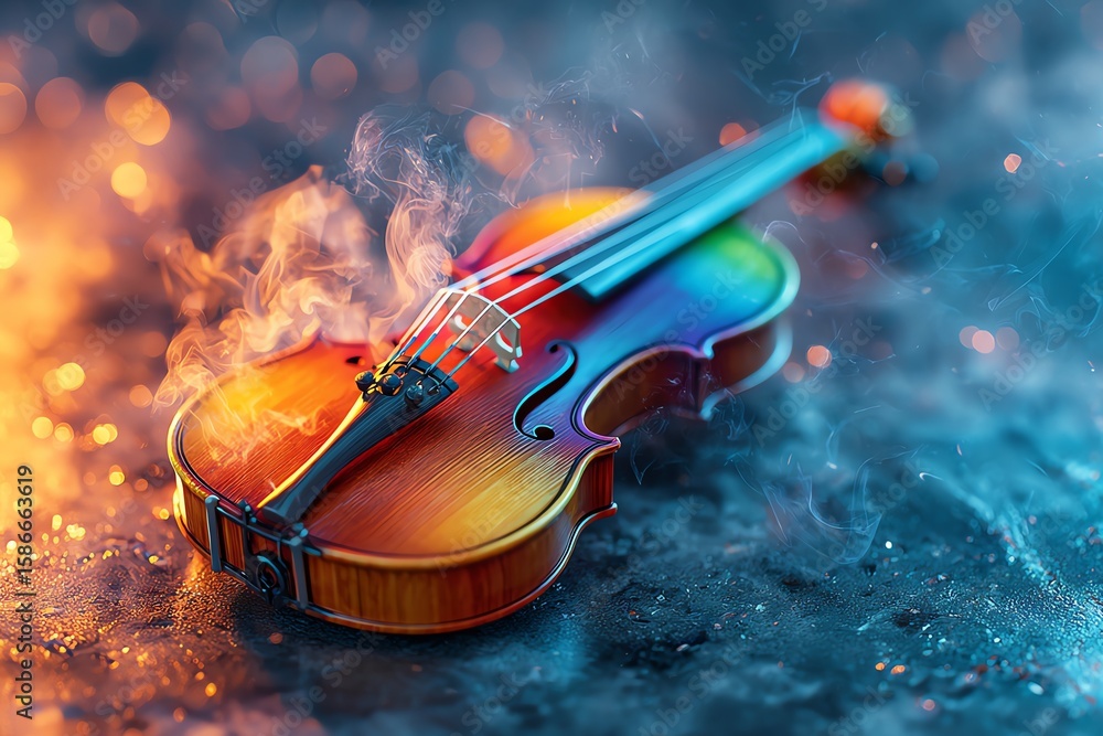 Fototapeta premium a violin on fire with vibrant rainbow flames and smoke tendrils, dark orchestral atmosphere, dramatic studio lighting