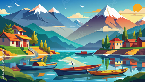 Phewa Lake, Pokhara, Nepal – Tranquil waters reflect the Annapurna range. Colorful boats and Himalayan reflections form a balanced, peaceful vector composition full of cultural and natural harmony.

