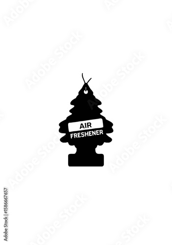 Silhouette of Tree-Shaped Car Air Freshener Hanging with Label Isolated on White for Automotive, Hygiene, and Scented Product Concepts