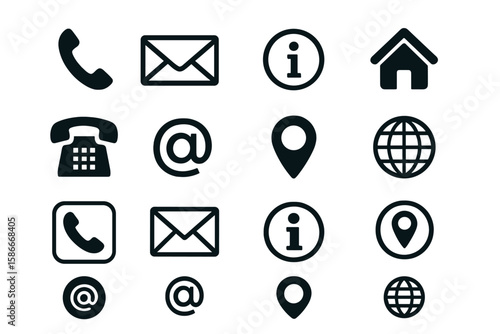 Contact Information Icons Set for Business Cards, Featuring Phone, Email, Fax, and Info Symbols, Contemporary Web Icon Collection with Four Different Stylish Contact Us Designs